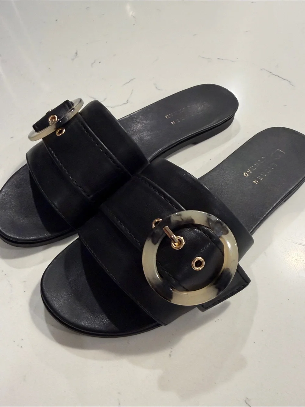 LC Lauren Conrad Henna Black Slide Sandals, Tortoiseshell Circle Buckle. Size 9.